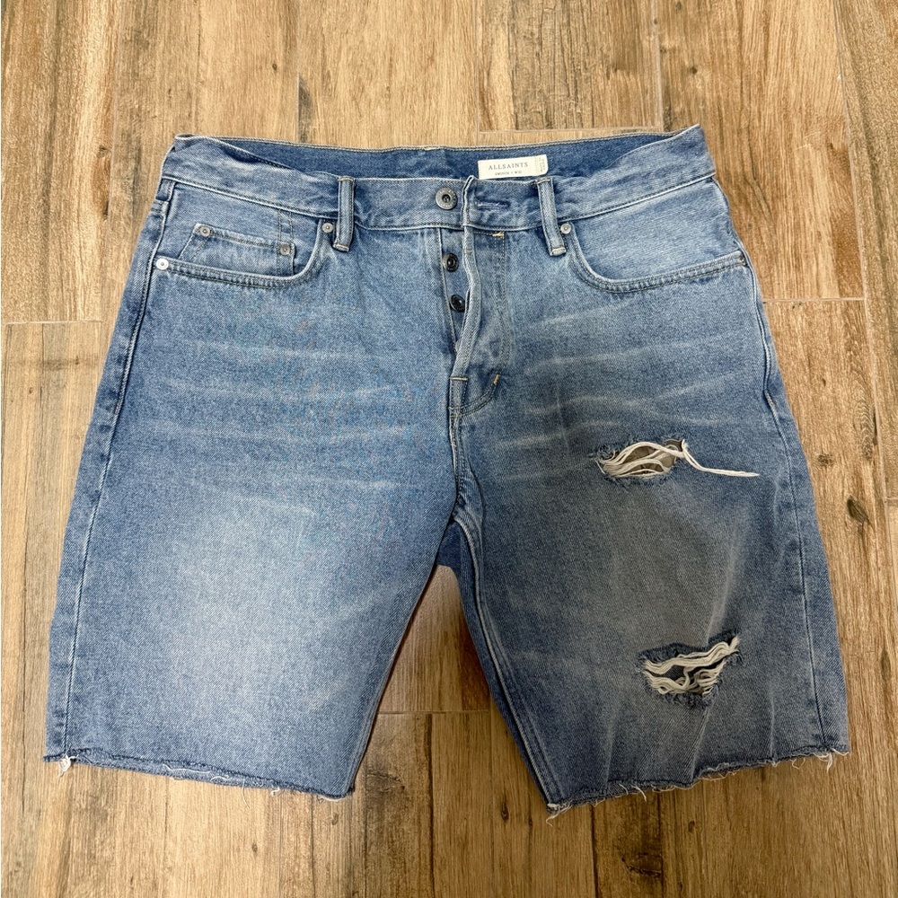 All Saints Men’s Size 32 Light Blue Ripped Jean Shorts